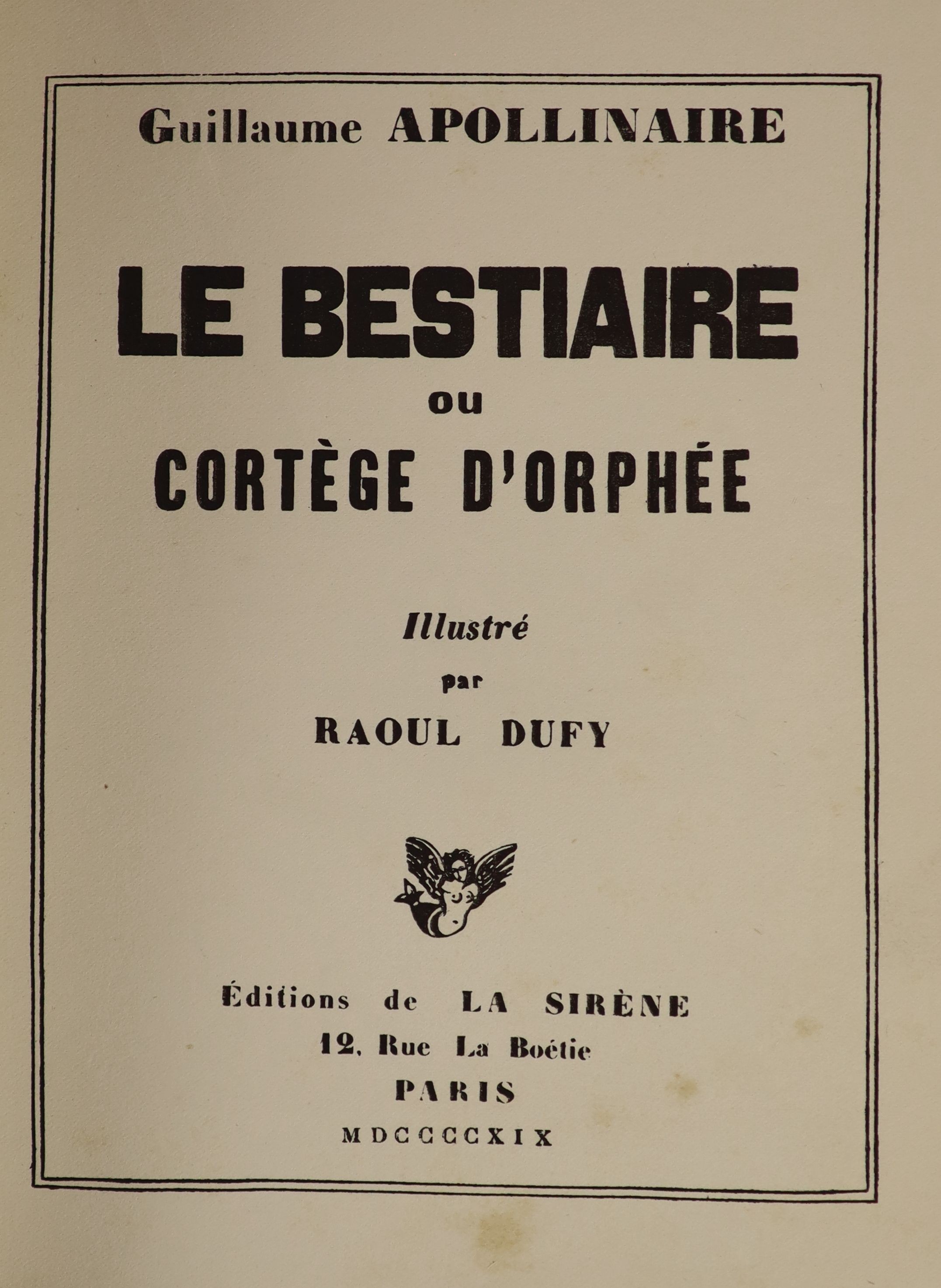 Apollinaire, Guillaume - Le Bestiaire ou cortège d’Orphee, one of 1250, illustrated with 32 wood engravings by Raoul Dufy, original yellow wraps, Paris, 1919